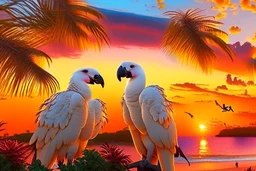 cockatoos, tropical paradise island, sunset