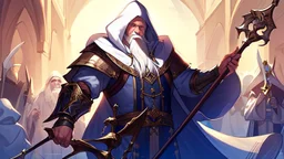 white beard hooded sorcerer raised staff before the castle