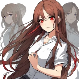 A headshot of a confident woman with long brown hair and red eyes, wearing casual, modern attire, colored manga style, intricately detailed,