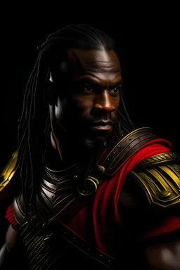 portrait of a handsome 35 year old warrior, black skin, long dark braided hair, powerful, in armor, red, yellow eyes
