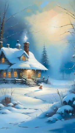 In winter's embrace, a snowman stands tall, Adorned in white, where shadows gently fall. A cottage nearby, nestled in the frosty air, Morning sunlight dances, painting colors rare. The world awakens with a whimsical grace, A timeless scene, a moment frozen in space.