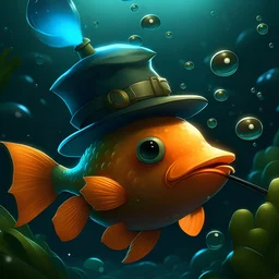 Pez dorado en el fondo del mar fumando pipa que larga burbujas y está usando un sombrero de detective. El diseño debe tener el estilo Van Gogh con la carta de colores de la noche estrellada.