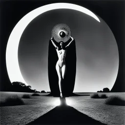 [Le Cabinet de Curiosités by helmut newton] The creature's cranium is massive, adorned with a huge crescent halo that emanates an otherworldly glow, reminiscent of burning crop circles etched with sacred geometric designs. In a scene that combines elements of gothic and emo aesthetics, the figure moves with an eerie grace, as if performing a cosmic dance. Clad in a Japanese-inspired ensemble of red, black, and white, the being wears a high kilt