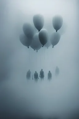 Five bodies hanging from chains commected to balloons floating in a thick fog