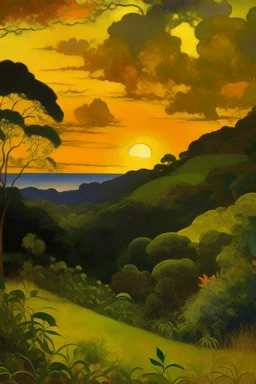 Sunset in the clouds in a dark gold rainforest near a field painted by Paul Gauguin
