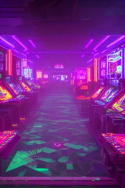 A dark photo of a full panoramic view an 80's aesthetics arcade at night, with a lot of functioning arcade machines, a vaporwave floor and some colorful tiles in between the floor. Purple aesthetics.