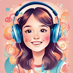 "Generate an adorable vector illustration of a cute young woman's face with a joyful and endearing expression. She should be wearing cute headphones, and the background should feature a colorful study room with charming and whimsical elements. Emphasize a cute and charming atmosphere with soft colors, rounded shapes, and delightful details. Capture the innocence and joy of the girl as she listens to music in this sweet and inviting study space.