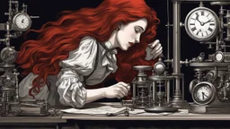 Victorian red long hair woman leaning over a desk, working on a tiny clockwork machine, while looking through a magnifying glass, in a dark laboratory, full of devices and machines