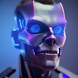 Evil terminator, blue & purple fire in backround, metal broken on the robot, portrait