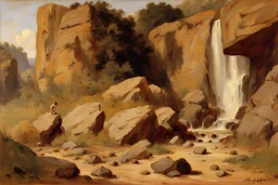 Sunny day, rocks, waterfalls, rocky land, mountains, friedrich eckenfelder and alfred stevens impressionism paintings