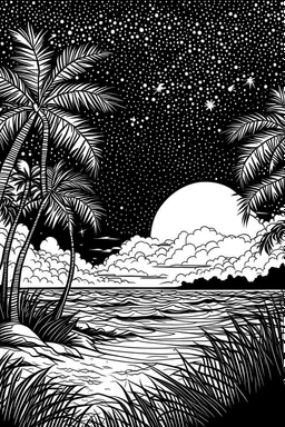 moonlit beach with starlit palm trees, in black and white with distinct lines, perfect for an adult coloring book, contour, vector, clean line art, isolated on a white canvas