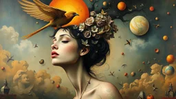 painting of a woman with a bird on her head and a bird on her head, surrealist painting, surrealist artwork, emotional surrealist art, abstract surrealist, a surrealist painting, surrealist art , abstract surrealism, abstract surrealism masterpiece, surreal painting, contemporary surrealism, magically shaped surrealism