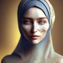 close up portrait of Sofia Buttela as woman in hijab, fine detail, highly intricate, modern surrealism painting, with scars on face , defined cracks and breaks, high-quality, volumetric lighting, 8k, ultrahd, George Grie, Marco Escobedo, Igor Morski,Brian Froud, Howard Lyon, Selina French,