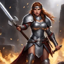 Chaingirl, a fierce warrior whose origins lie in the humble beginnings of a peasant life. Clad in nothing more than chainmail that glimmers in the light of the arena, she wields a massive two-handed warhammer with unrivaled skill and strength. her chainmail glistening in the spotlight, she crushes her opponents with a single devastating blow of her warhammer