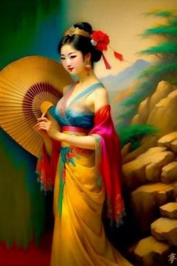 oriental woman with long dress and a fan in her hand looking back neoclassism whole body smiling bright colors painting looking over her soulder