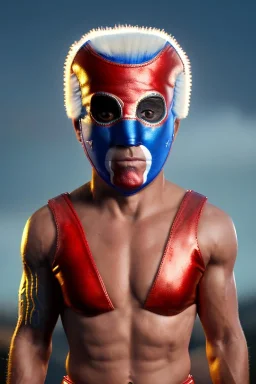 realistic image of joe biden as a mexican wrestling fighter posing, Mexican eyes wrestling mask, red and blue breeches, retro style, 80s, vibrant color, highly detailed, sky background, concept art, unreal engine 5, god rays, ray tracing, RTX, lumen lighting, ultra detail, volumetric lighting, 3d, finely drawn, high definition, high resolution.