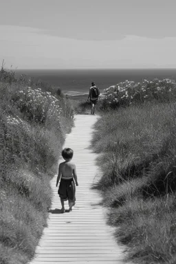 walking along a path that winds towards the top of a mountain, it is summer, the sea in the background photography taken with a Leica camera and 50mm lens, real photography in black and white, nostalgia