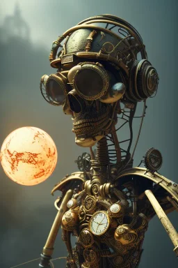 steampunk , gaspunk skeletion cowbow,post-apocalytic setting, volumetric lighting, particals, intricate detail,realistc, close up