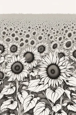 outline aSunflower field: A large field of sunflowers that radiate the warmth of summer.no people, White background. sketch style, clean line art, white background, no shadow and clear no people