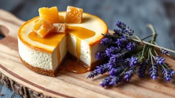 A cheesecake infused with lavender and honey, topped with delicate honeycomb pieces and a drizzle of lavender syrup. The cheesecake is served on a rustic wooden board, adorned with fresh lavender sprigs. Award-winning photograph, beautiful composition, exquisite detail and illumination