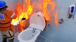 man sprays fire extinguisher all over toilet in the bathroom