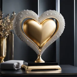 A magnificent golden and silver heart-shaped sign adorned with a stunning golden sphere encrusted with sparkling diamond clusters at its center, elegantly spinning in position.