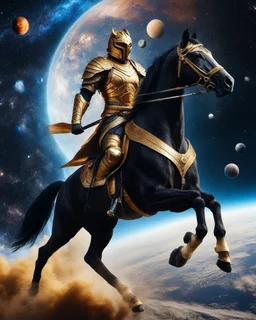 Realistic photography take photoshoot from far,front view of a humanoid warrior tiger wearing clothing armor golden ,on riding a black horse , flying in space, on galaxy surrounded by planets