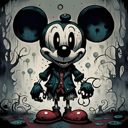 Creepy and sinister looking Mickey Mouse, digital comic book illustration by Gary baseman and billy butcher, ominous art, grunge colour aesthetic, hyper detailed