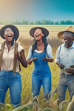 a diverse racial group of farmers singing in the farming field