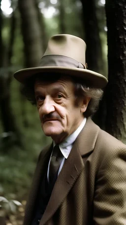 Kurt Vonnegut in the woods wearing a fancy tea hat and dress