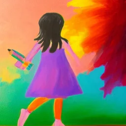  bird flying with girl standing behind painting crayon