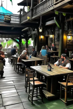 fisherman's tavern, pirates of the Caribbean style, tables with drunk people sitting