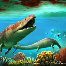 beautiful, stunning paleoart of mosasaurus swimming underwater with coral reefs, plants, fish, full-body, wide-angle lens, in the style of eleanor kish, davide bonadonna, julius csotony, fabio pastor, Jurassic Park photorealistic, illustrative, digital art, 8k resolution, detailed matte, painting, artwork, deviantart