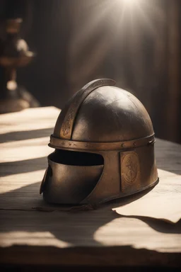 The Roman centurion's helmet lies on an old cracked wooden table. Next to it on the table is a cross on a string and a scroll of parchment. A ray of sunlight reflects off the helmet. All around is the entourage of ancient Rome. High quality image in 8K