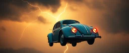 a high definition screen shot of a jet-fighter vw-beetle, retrofuturistic, phototrealism, in flight, one subject, thunderstorm