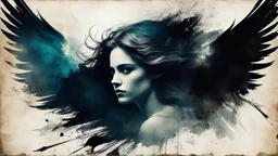 old worn postcard, Portrait Light and darkness in one person, angel and demon in one person, abstract art additional colors small details,