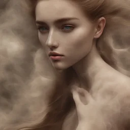 portrait photography of ethereal beauty, 8K, Portrait of a woman by Michelangelo, close-up face, anatomically perfect face, a sunny atmosphere, misty smoke, head crowing from oak tree roots