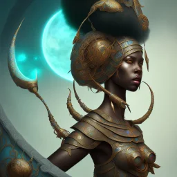 sango fantasy, fantasy magic, intricate, sharp focus, illustration, highly detailed, digital painting, concept art, matte, masterpiece head sexy view black African beauty black afro hair space lady turquoise tiger skin African one head chili