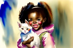 A cute smiling Afro-American girl is holding a kitten. Watercolour