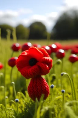 knitted poppy growing in yarn in a field