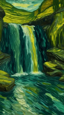 A greenish blue waterfall with a watering hole painted by Vincent van Gogh