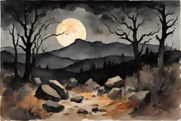 Night, mountains, rocks, dry trees, gothic horror films influence, winslow homer watercolor paintings