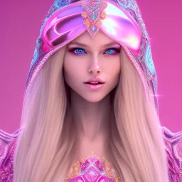 beautiful, soft, big smile face, whole head, long straight blonde hair blues eyes, crown on the head, clothing in transparent bluish and pink veil, background brillante bluish and pink, hight definition, 8K