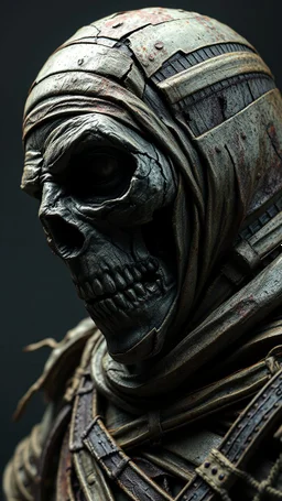Busch painting style nightmare, a zoomed side view of the mummy by his face skin is a rusted broken metallic skin texture in a 3d rendering full-height image of a grim and dark scene. Ensure the final images exhibit the utmost quality, encompassing 4K, 8K, and 64K resolutions, with 3D rendering that manifests in photorealistic, hyperrealistic, and highly detailed representations. Employ techniques such as HDR, UHD,