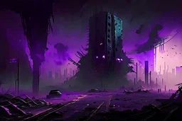 Destroyed City, Street View, Dense Purple Fog, Dead Soil, Broken Roads ,Black Night Sky, Stars, Space, Distant Alien Planets, Sci-fi Outpost, Large Walls and watchtower,