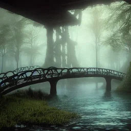 a forest and bridge submerged underwater, school of fish, 8k Resolution, Fine-Detail, High-Quality, Intricate, Detailed Matte, 3d Octane Render, Beautiful, Stunning, Brian Froud, Selina French, Howard Lyon, Greg Rutowski, Annie Dittman, Annie Stokes