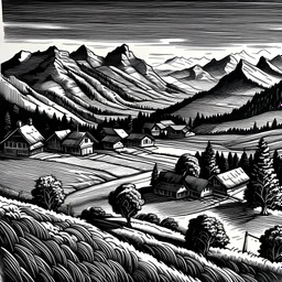 Swiss mountains and farms, engraved art, black and white