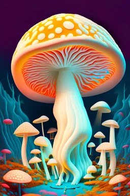 psychodelic world with albino mushroom