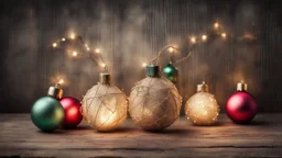 Hyper Realistic Photographic Centre Shot Of Christmas Decorations With Fairy Lights On A Grunge Rustic Textured Background.