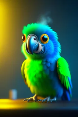 cute adorable parrot chat robot, its such a perfect day i am glad i spent it with you, motion blur, smoke, 4k, downlight, soft light, depth of field, photorealism, trending on art station